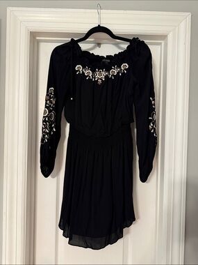 White House Black Market Black Mini Dress with White and Gold Embroidery